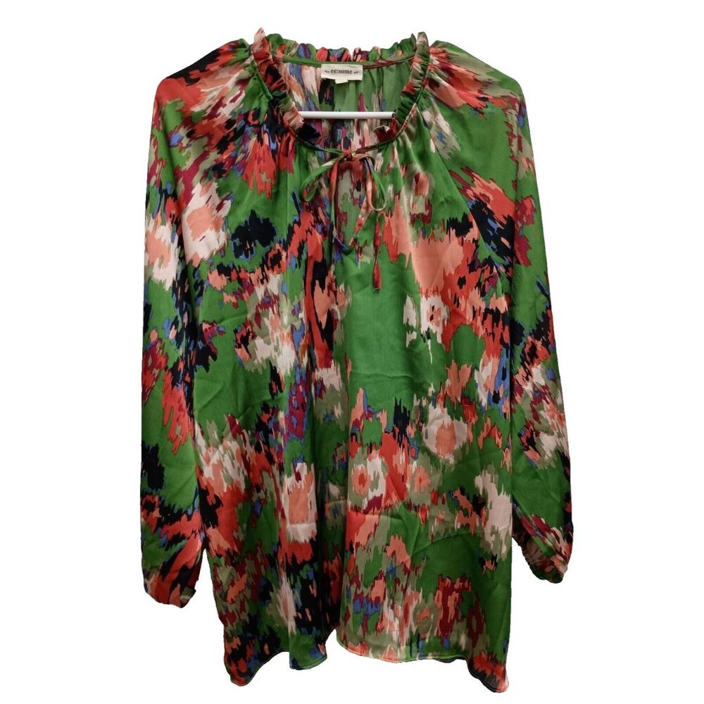 Ee:some BOHO Blouse Top Womens Large Green Floral Balloon Sleeve Cottagecore